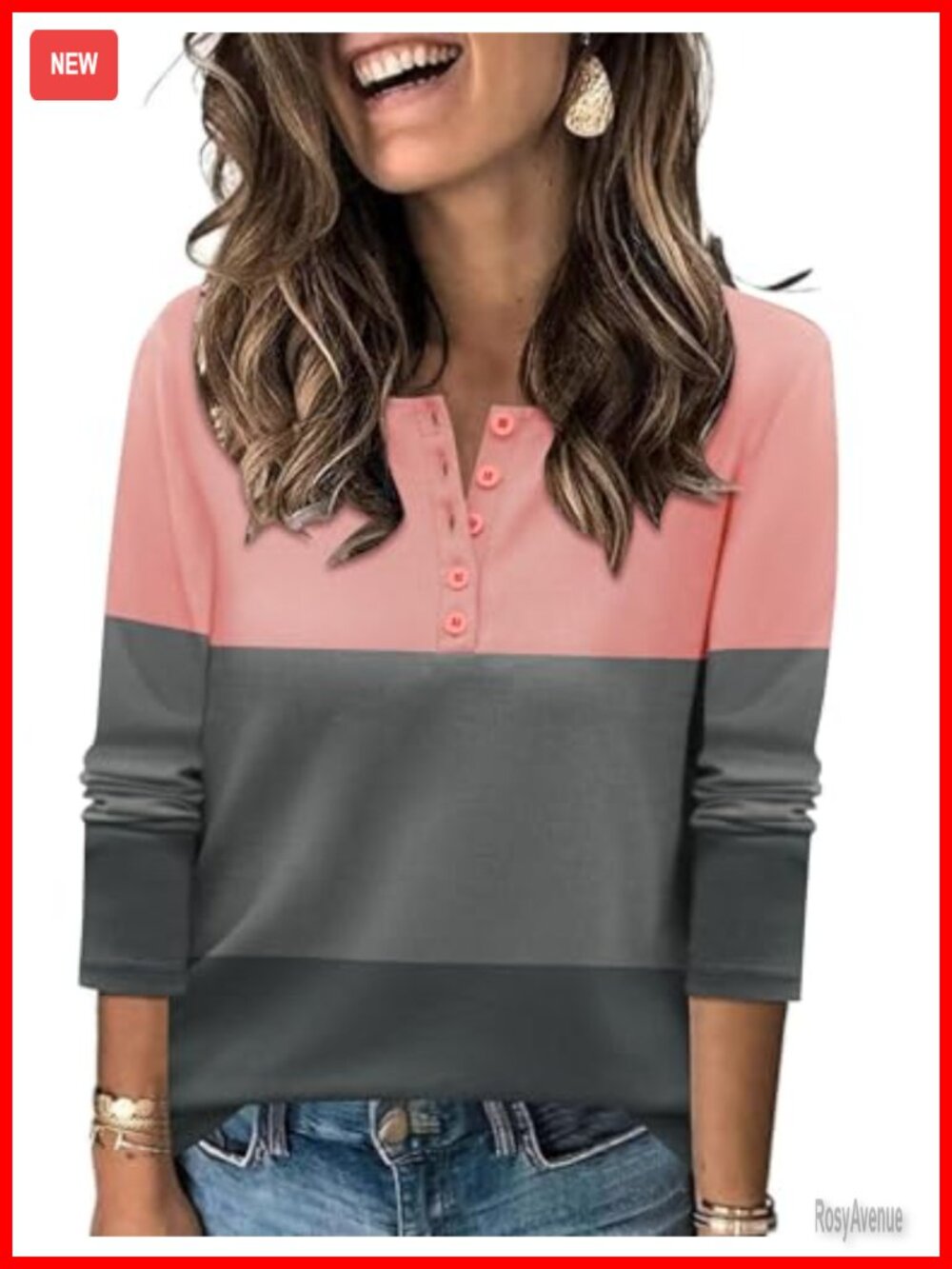 Women's Long Sleeve V Neck Henley Tunic Top Button Decor Blouse